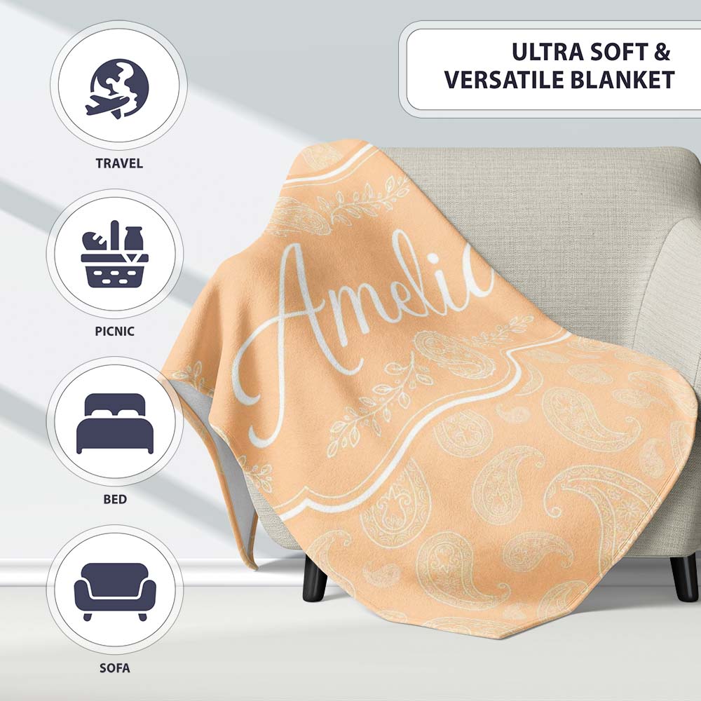Elegant White Paisley Pattern Beige Gold Gradient Background  Personalised Custom Name Super Soft Fleece Blanket Bed Sofa Throw