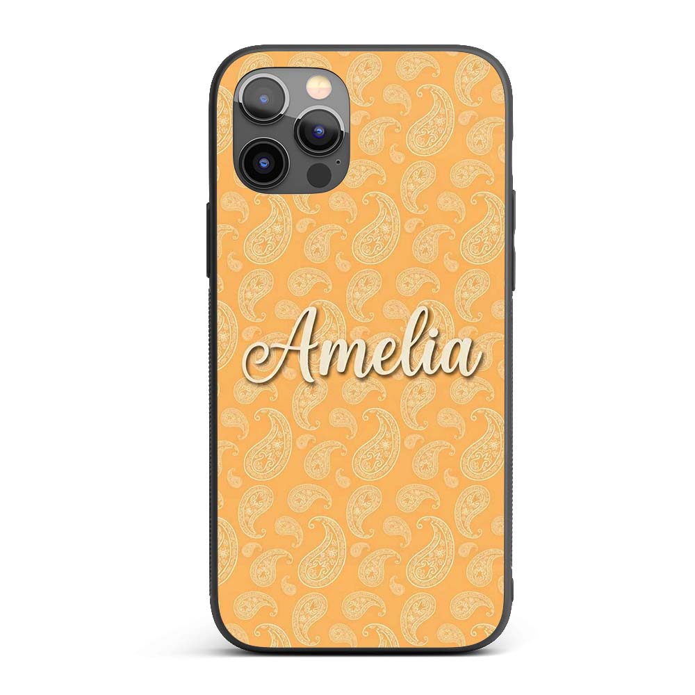 Elegant White Paisley Pattern Warm Gold Gradient Custom Name Protective Phone Case Mobile Cover Durable Everyday Smartphone Shock Resistant