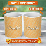 Personalized Custom Name Elegant White Paisley Pattern Warm Gold Gradient Background 11oz Ceramic Coffee Tea Mug White Large Handle
