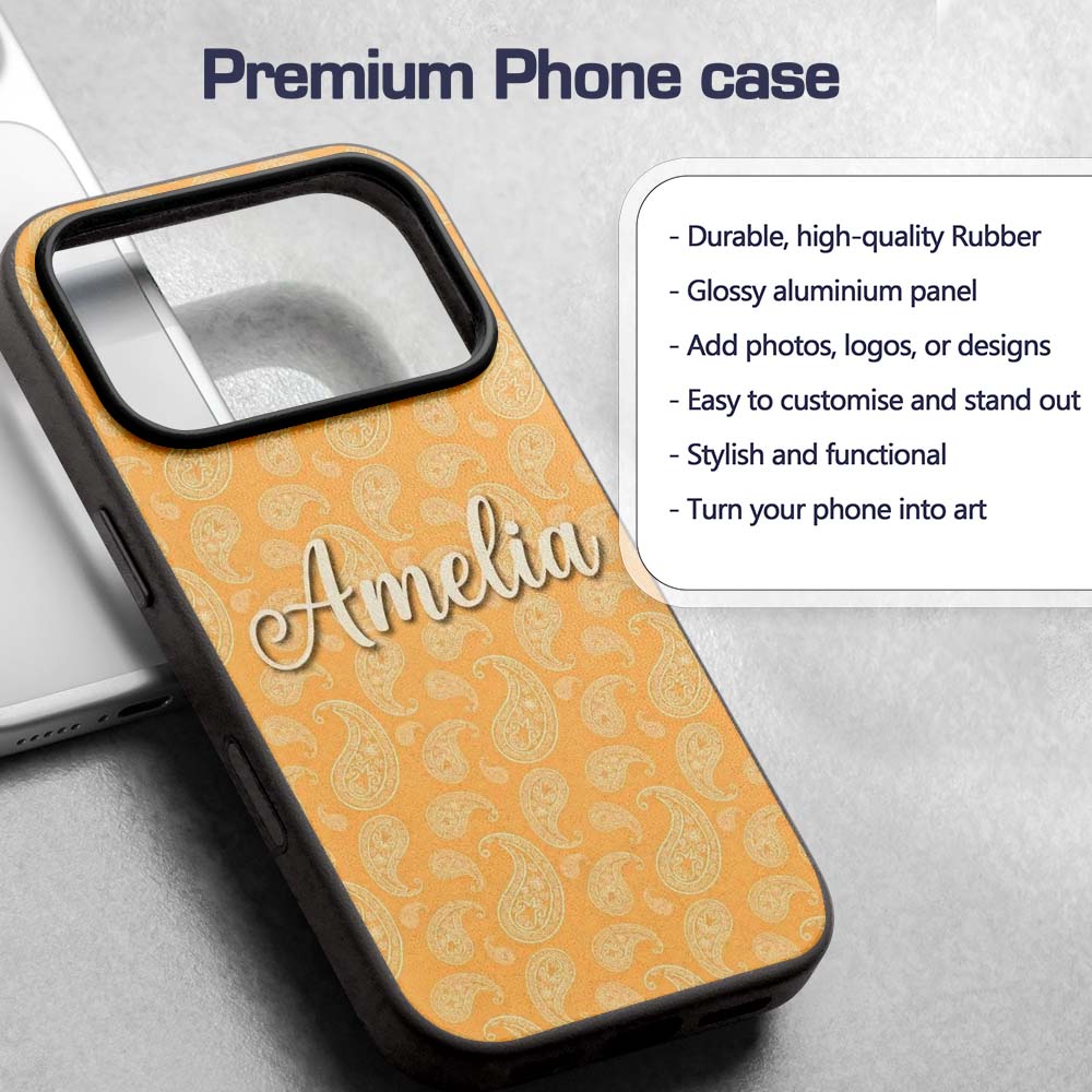 Elegant White Paisley Pattern Warm Gold Gradient Custom Name Protective Phone Case Mobile Cover Durable Everyday Smartphone Shock Resistant