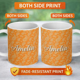 Personalized Custom Name Elegant White Paisley Pattern Deep Orange Gradient Background 11oz Ceramic Coffee Tea Mug White Large Handle