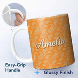 Personalized Custom Name Elegant White Paisley Pattern Deep Orange Gradient Background 11oz Ceramic Coffee Tea Mug White Large Handle