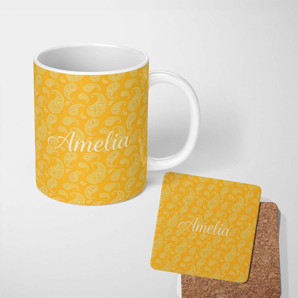 Personalized Custom Name Elegant White Paisley Pattern Yellow Gradient Background Seamless 11oz Ceramic Coffee Tea Mug White Large Handle