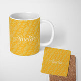 Personalized Custom Name Elegant White Paisley Pattern Yellow Gradient Background Seamless 11oz Ceramic Coffee Tea Mug White Large Handle