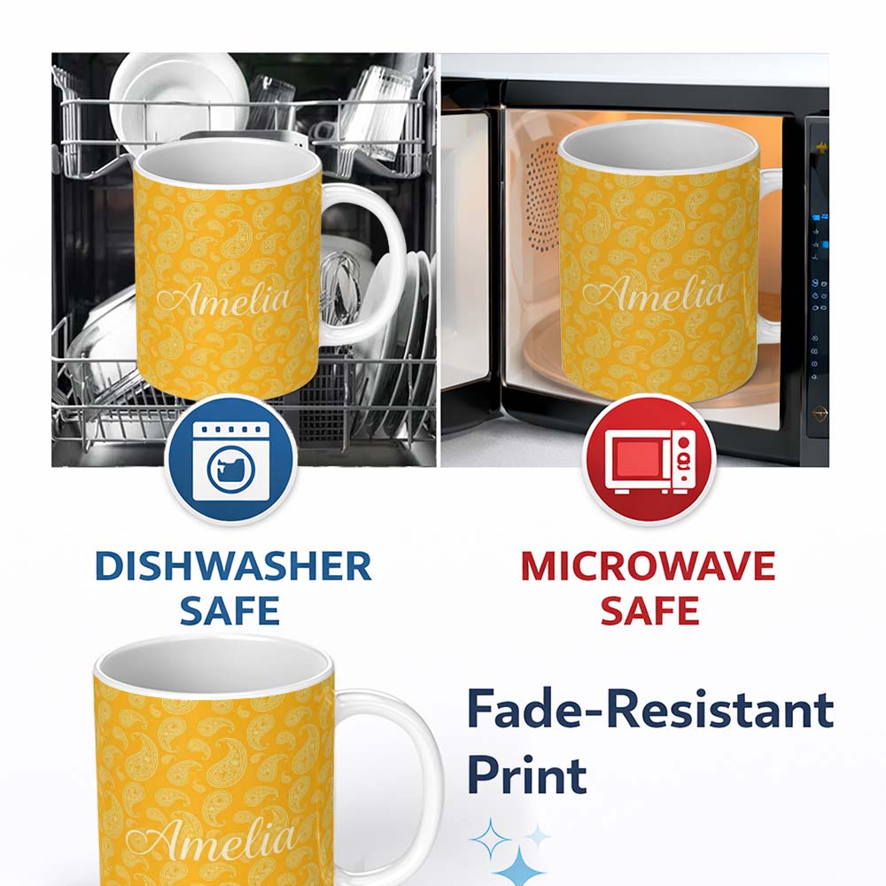 Personalized Custom Name Elegant White Paisley Pattern Yellow Gradient Background Seamless 11oz Ceramic Coffee Tea Mug White Large Handle