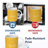 Personalized Custom Name Elegant White Paisley Pattern Yellow Gradient Background Seamless 11oz Ceramic Coffee Tea Mug White Large Handle