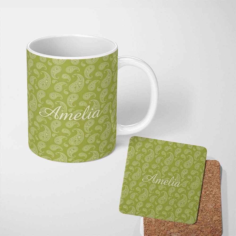 Personalized Custom Name Elegant White Paisley Pattern Olive Green Gradient Background 11oz Ceramic Coffee Tea Mug White Large Handle