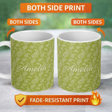 Personalized Custom Name Elegant White Paisley Pattern Olive Green Gradient Background 11oz Ceramic Coffee Tea Mug White Large Handle