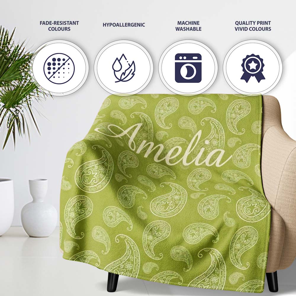 Elegant White Paisley Pattern Olive Green Gradient Background  Personalised Custom Name Super Soft Fleece Blanket Bed Sofa Throw