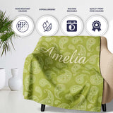 Elegant White Paisley Pattern Olive Green Gradient Background  Personalised Custom Name Super Soft Fleece Blanket Bed Sofa Throw
