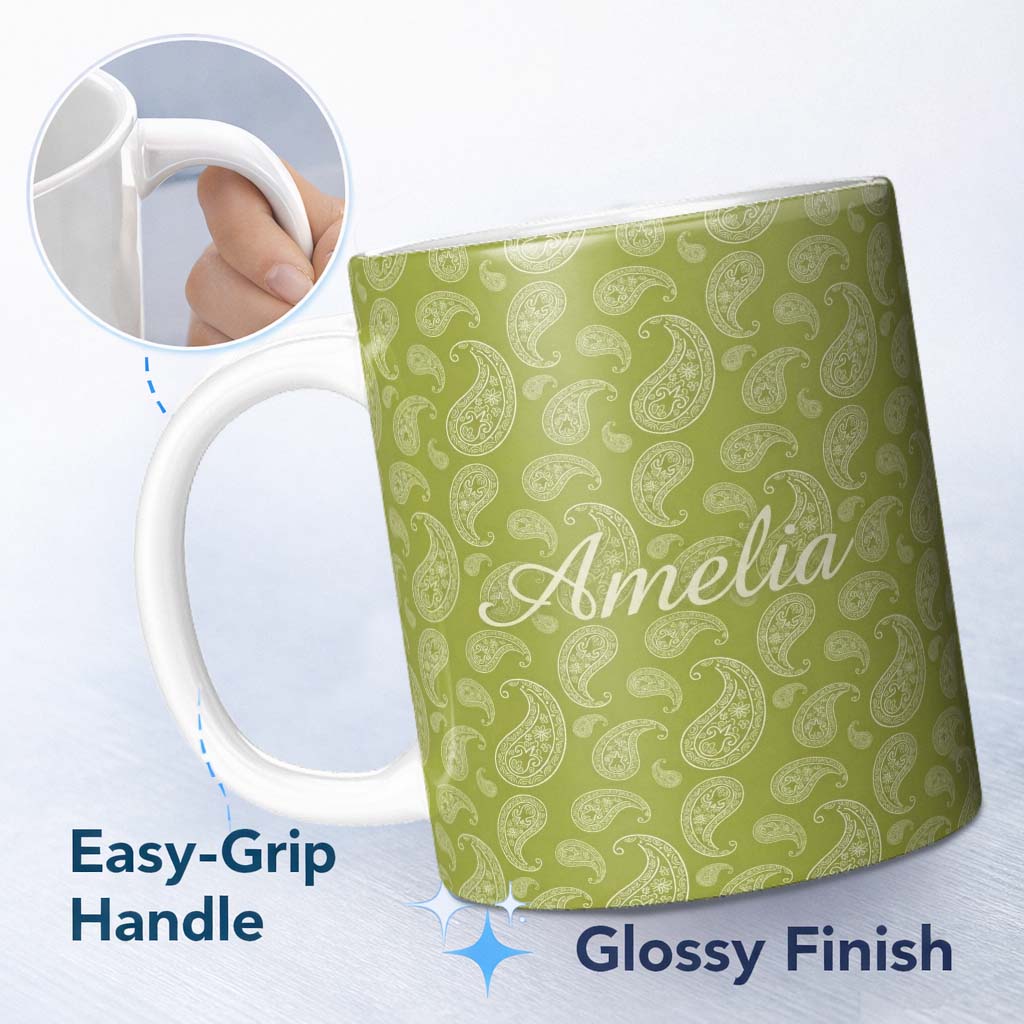 Personalized Custom Name Elegant White Paisley Pattern Olive Green Gradient Background 11oz Ceramic Coffee Tea Mug White Large Handle