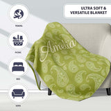 Elegant White Paisley Pattern Olive Green Gradient Background  Personalised Custom Name Super Soft Fleece Blanket Bed Sofa Throw