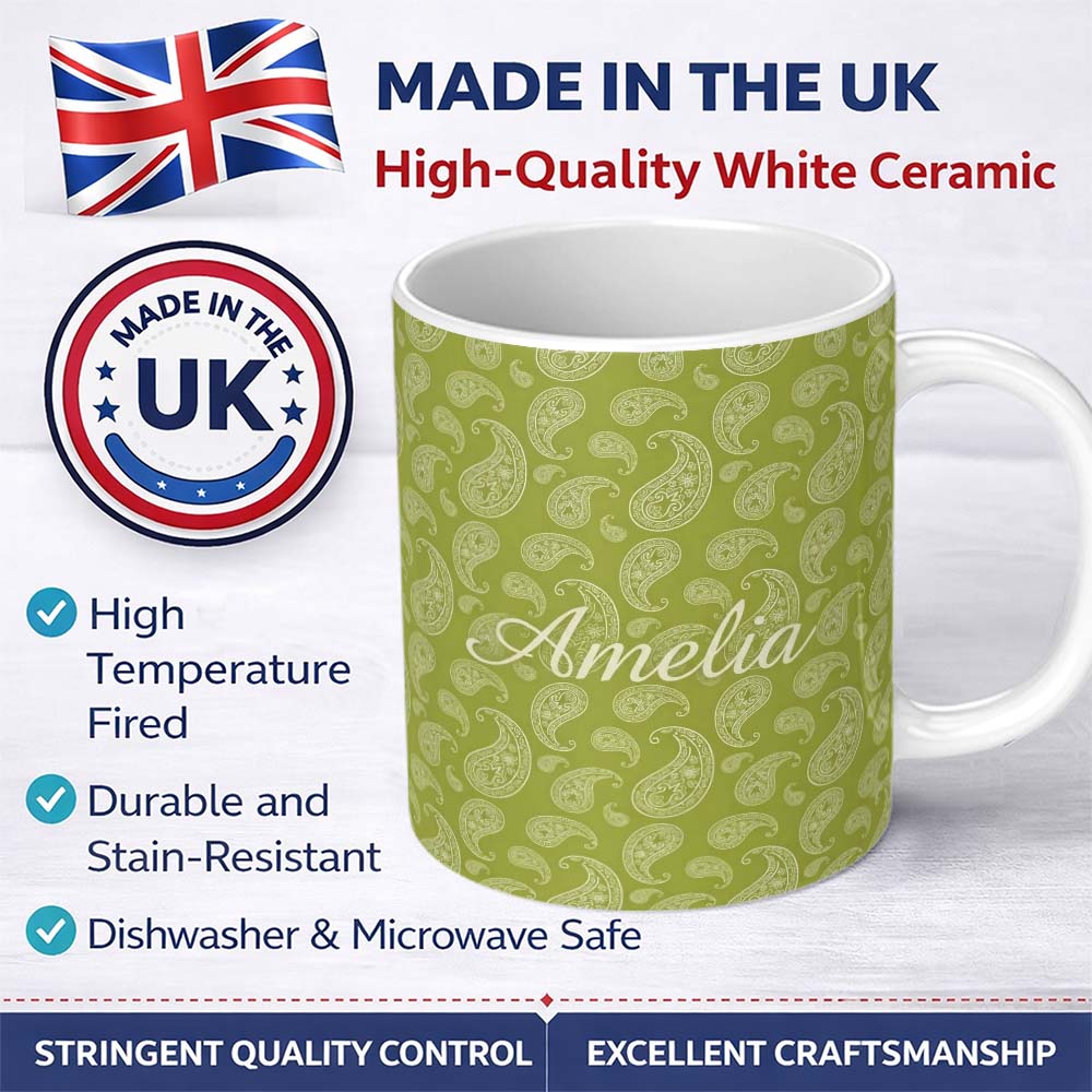 Personalized Custom Name Elegant White Paisley Pattern Olive Green Gradient Background 11oz Ceramic Coffee Tea Mug White Large Handle