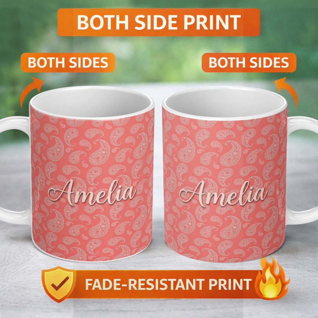 Personalized Custom Name Elegant White Paisley Pattern Pink Gradient Background Seamless 11oz Ceramic Coffee Tea Mug White Large Handle