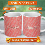 Personalized Custom Name Elegant White Paisley Pattern Pink Gradient Background Seamless 11oz Ceramic Coffee Tea Mug White Large Handle