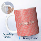 Personalized Custom Name Elegant White Paisley Pattern Pink Gradient Background Seamless 11oz Ceramic Coffee Tea Mug White Large Handle