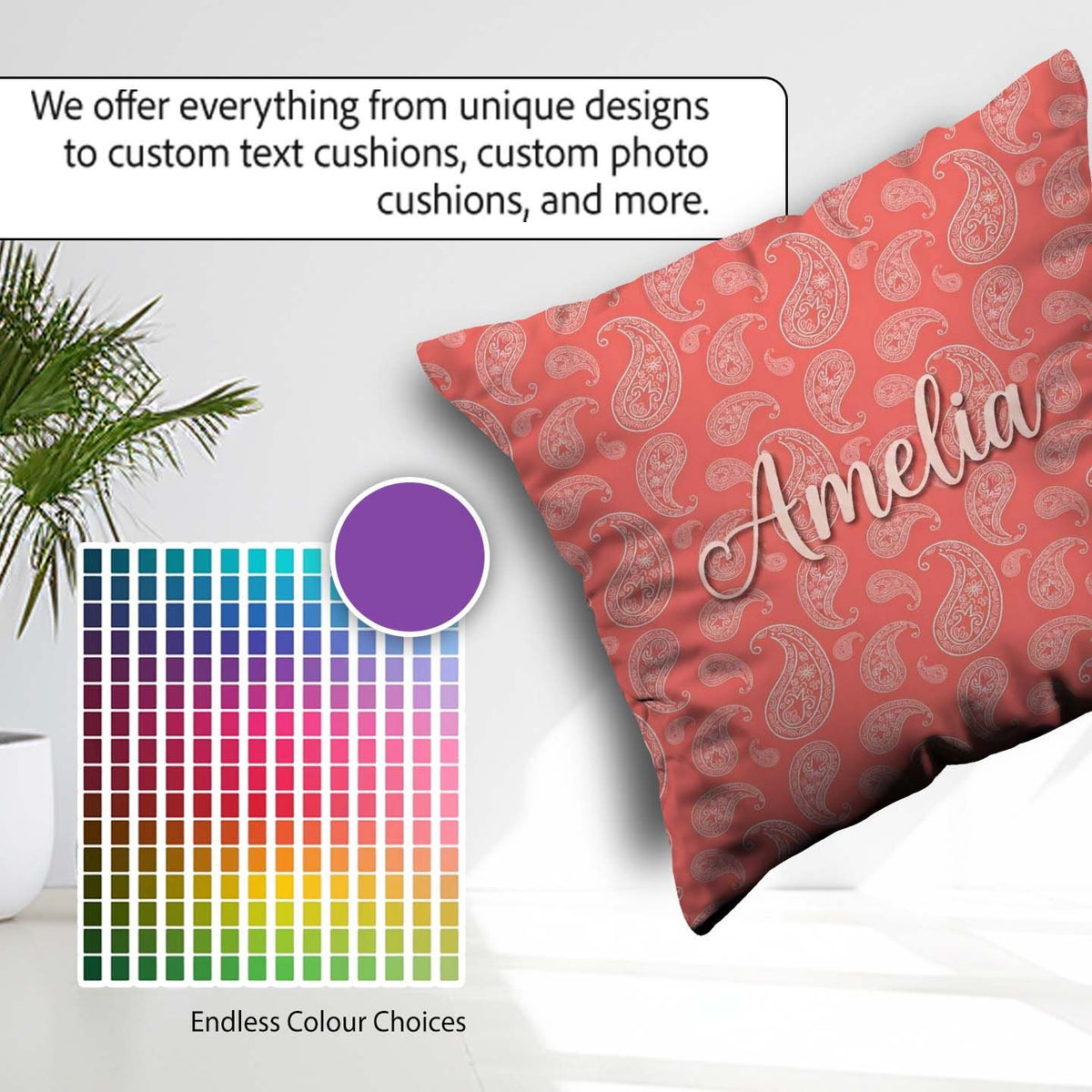 Custom Name Elegant White Paisley Pattern Pink Gradient Seamless Square Filled Cushion Throw Pillow Sofa Bed Home Decor Zip Washable UK Made