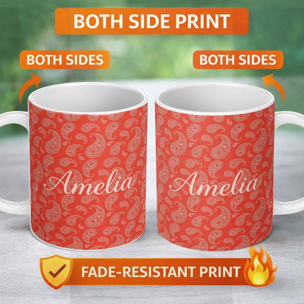 Personalized Custom Name Elegant White Paisley Pattern Colar Gradient Background Seamless 11oz Ceramic Coffee Tea Mug White Large Handle