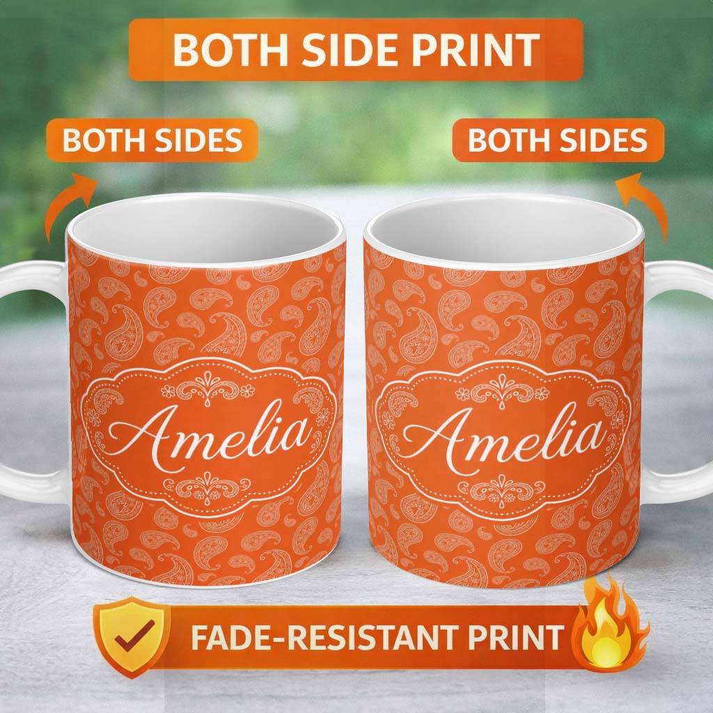 Personalized Custom Name Elegant White Paisley Pattern Sunset Orange Gradient Background 11oz Ceramic Coffee Tea Mug White Large Handle