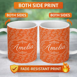 Personalized Custom Name Elegant White Paisley Pattern Sunset Orange Gradient Background 11oz Ceramic Coffee Tea Mug White Large Handle