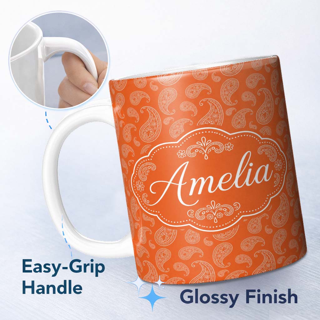 Personalized Custom Name Elegant White Paisley Pattern Sunset Orange Gradient Background 11oz Ceramic Coffee Tea Mug White Large Handle