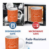 Personalized Custom Name Elegant White Paisley Pattern Sunset Orange Gradient Background 11oz Ceramic Coffee Tea Mug White Large Handle