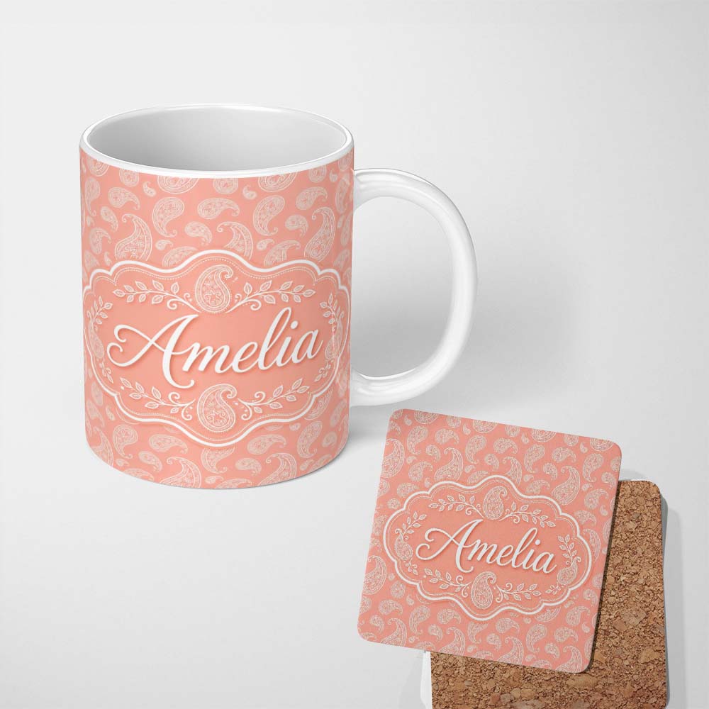 Personalized Custom Name Elegant White Paisley Pattern Soft Peach Gradient Background 11oz Ceramic Coffee Tea Mug White Large Handle