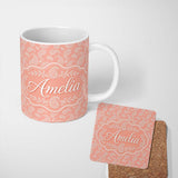 Personalized Custom Name Elegant White Paisley Pattern Soft Peach Gradient Background 11oz Ceramic Coffee Tea Mug White Large Handle