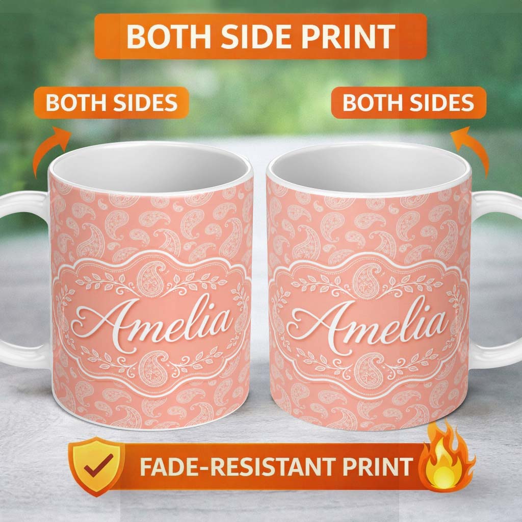 Personalized Custom Name Elegant White Paisley Pattern Soft Peach Gradient Background 11oz Ceramic Coffee Tea Mug White Large Handle