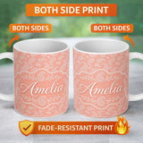 Personalized Custom Name Elegant White Paisley Pattern Soft Peach Gradient Background 11oz Ceramic Coffee Tea Mug White Large Handle