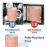 Personalized Custom Name Elegant White Paisley Pattern Soft Peach Gradient Background 11oz Ceramic Coffee Tea Mug White Large Handle