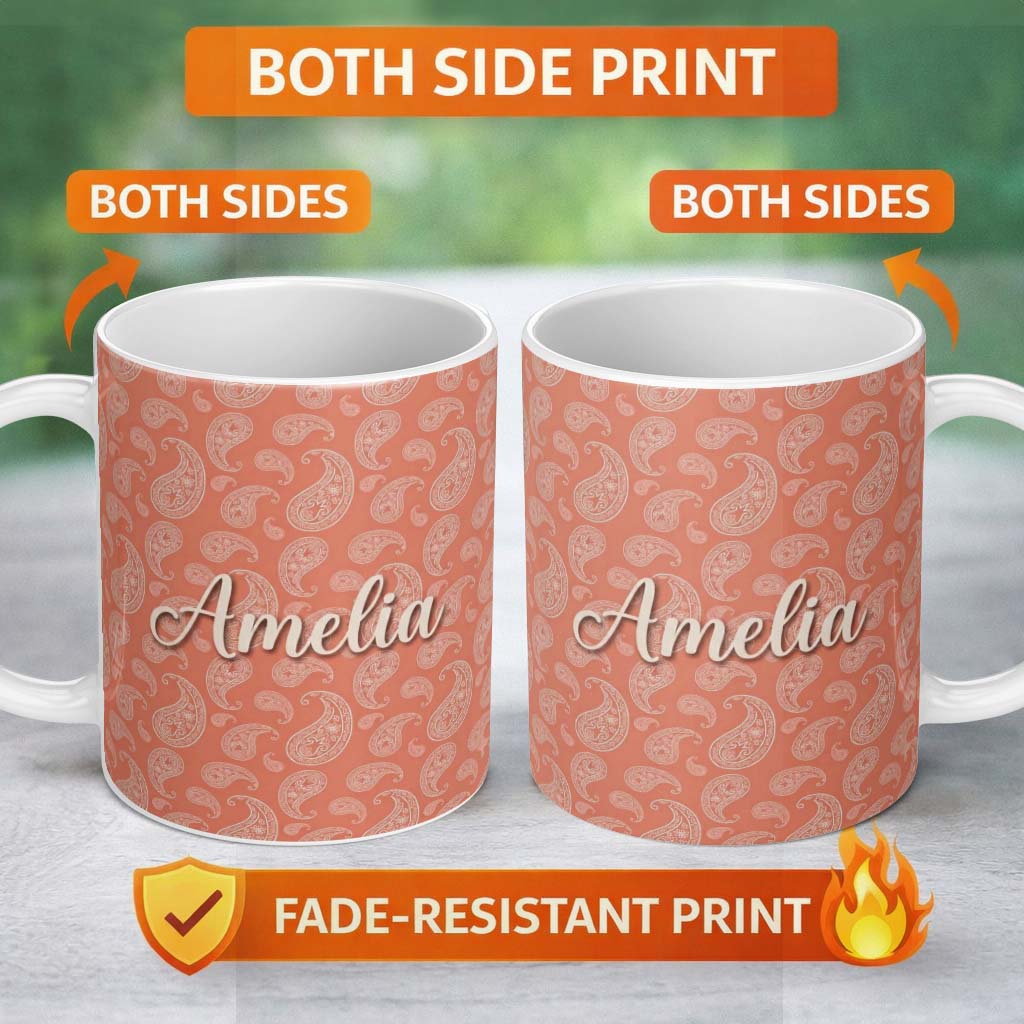 Personalized Custom Name Elegant White Paisley Pattern Warm Coral Gradient Background 11oz Ceramic Coffee Tea Mug White Large Handle