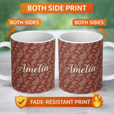 Personalized Custom Name Elegant White Paisley Pattern Deep Rust Brown Gradient Background 11oz Ceramic Coffee Tea Mug White Large Handle