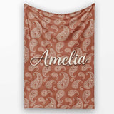 Elegant White Paisley Pattern Rich Coffee Brown Gradient Background  Personalised Custom Name Super Soft Fleece Blanket Bed Sofa Throw