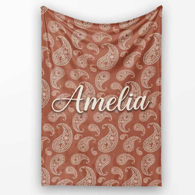Elegant White Paisley Pattern Rich Coffee Brown Gradient Background  Personalised Custom Name Super Soft Fleece Blanket Bed Sofa Throw