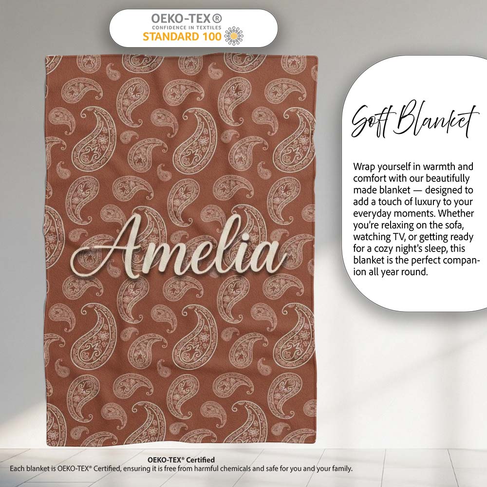 Elegant White Paisley Pattern Rich Coffee Brown Gradient Background  Personalised Custom Name Super Soft Fleece Blanket Bed Sofa Throw