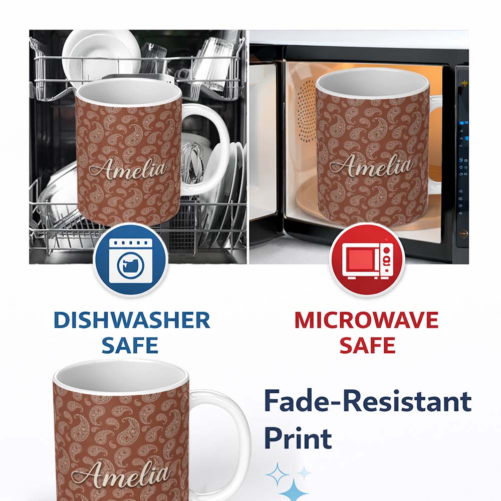 Personalized Custom Name Elegant White Paisley Pattern Rich Coffee Brown Gradient Background 11oz Ceramic Coffee Tea Mug White Large Handle