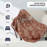 Elegant White Paisley Pattern Rich Coffee Brown Gradient Background  Personalised Custom Name Super Soft Fleece Blanket Bed Sofa Throw