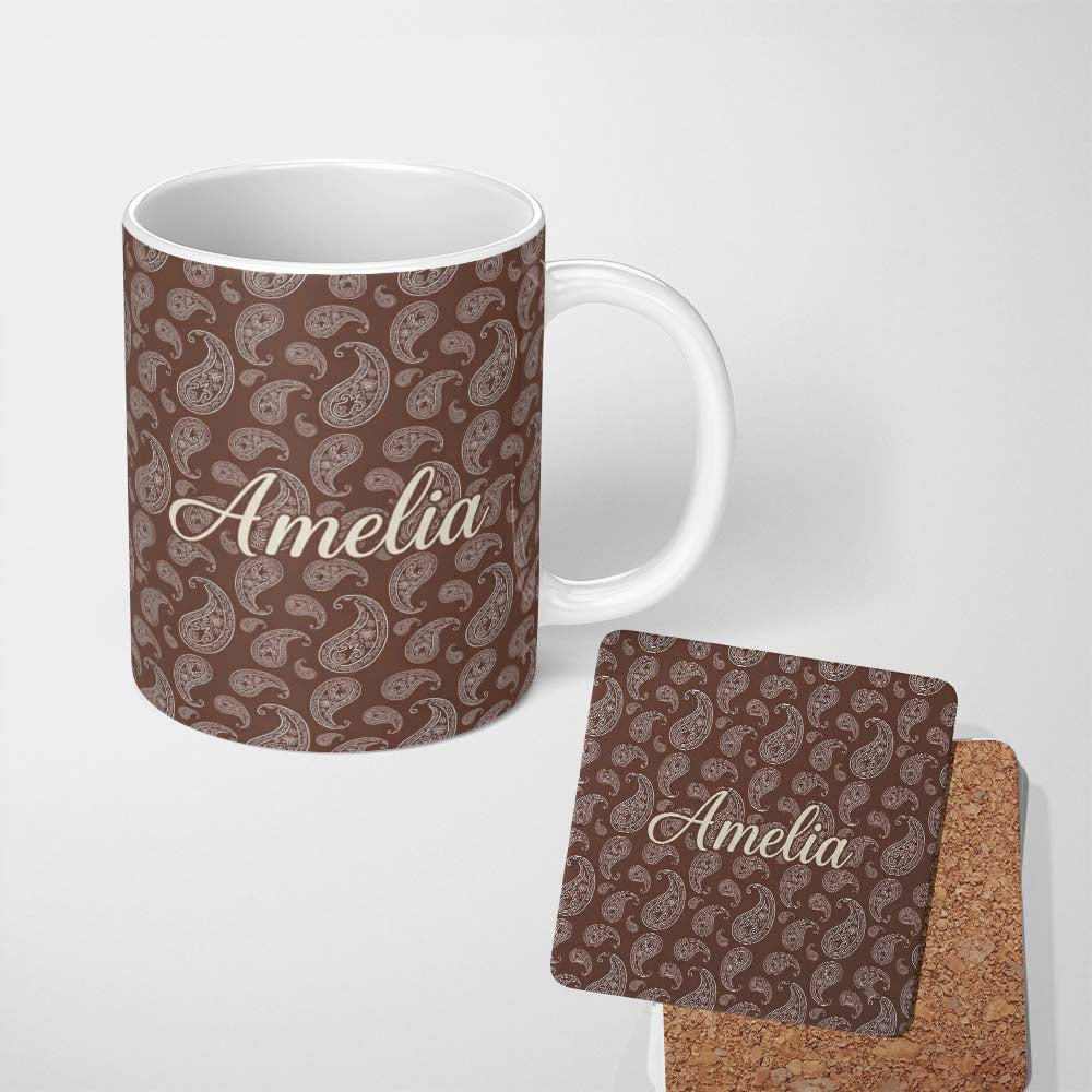 Personalized Custom Name Elegant White Paisley Pattern Dark Cocoa Brown Gradient Background 11oz Ceramic Coffee Tea Mug White Large Handle