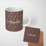 Personalized Custom Name Elegant White Paisley Pattern Dark Cocoa Brown Gradient Background 11oz Ceramic Coffee Tea Mug White Large Handle