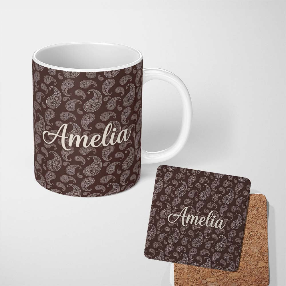 Personalized Custom Name Elegant White Paisley Pattern Deep Chocolate Brown Gradient 11oz Ceramic Coffee Tea Mug White Large Handle