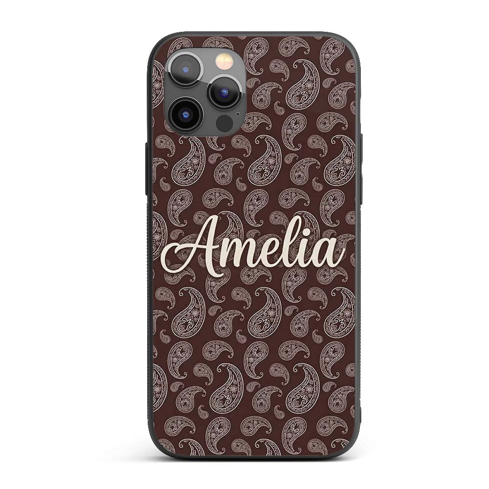 Elegant White Paisley Pattern Deep Chocolate Custom Name Protective Phone Case Mobile Cover Durable Everyday Smartphone Shock Resistant