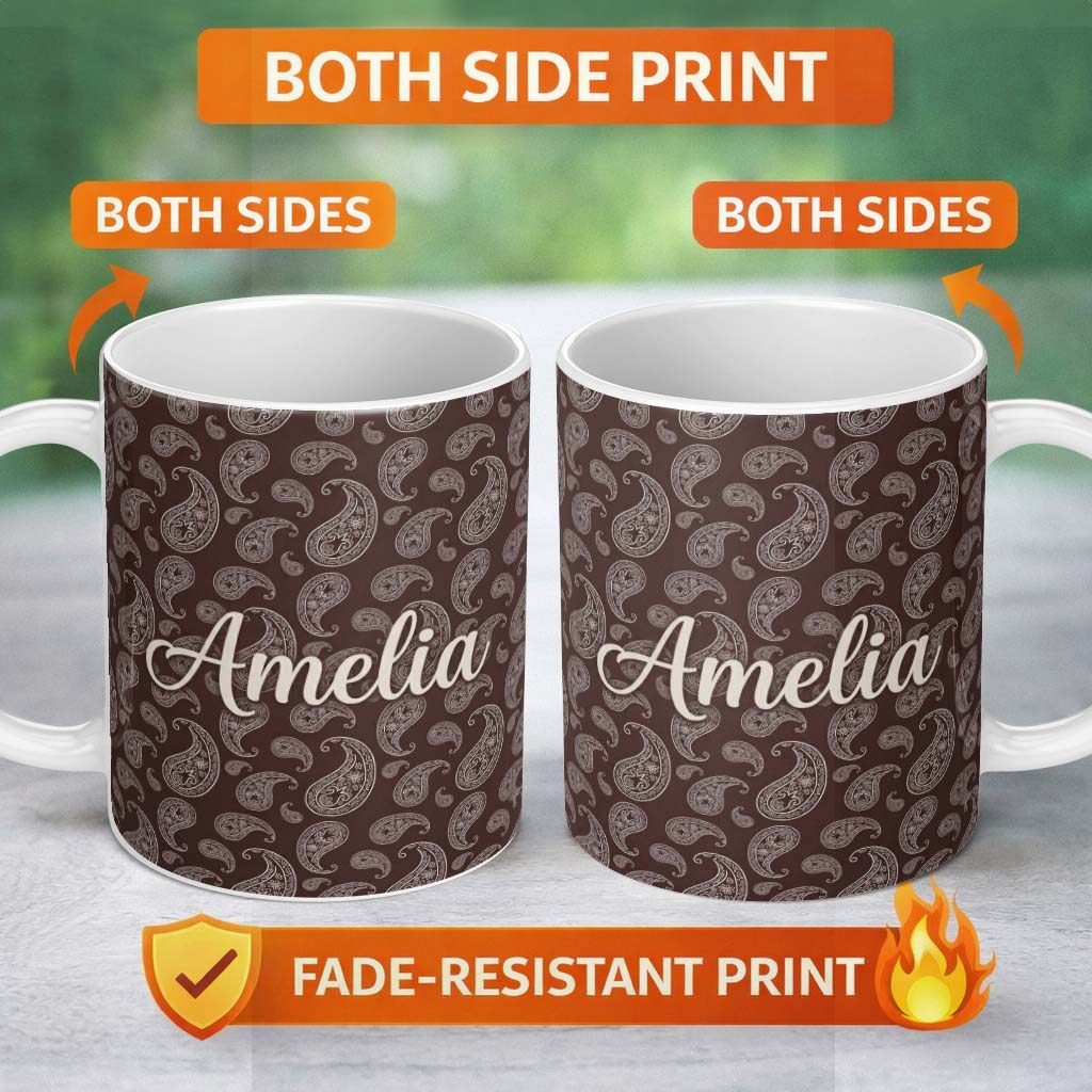 Personalized Custom Name Elegant White Paisley Pattern Deep Chocolate Brown Gradient 11oz Ceramic Coffee Tea Mug White Large Handle