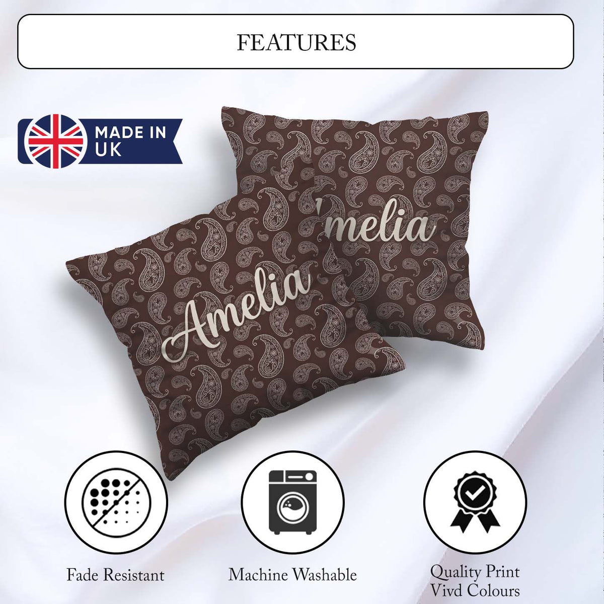 Custom Name Elegant White Paisley Deep Chocolate Brown Gradient Square Filled Cushion Throw Pillow Sofa Bed Home Decor Zip Washable UK Made