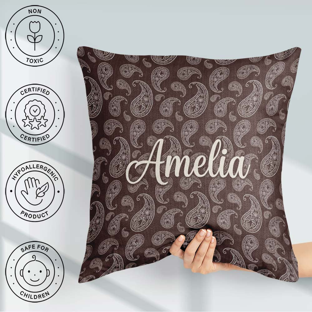 Custom Name Elegant White Paisley Deep Chocolate Brown Gradient Square Filled Cushion Throw Pillow Sofa Bed Home Decor Zip Washable UK Made