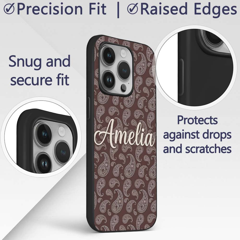 Elegant White Paisley Pattern Deep Chocolate Custom Name Protective Phone Case Mobile Cover Durable Everyday Smartphone Shock Resistant