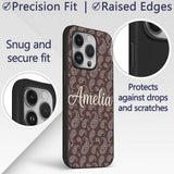 Elegant White Paisley Pattern Deep Chocolate Custom Name Protective Phone Case Mobile Cover Durable Everyday Smartphone Shock Resistant