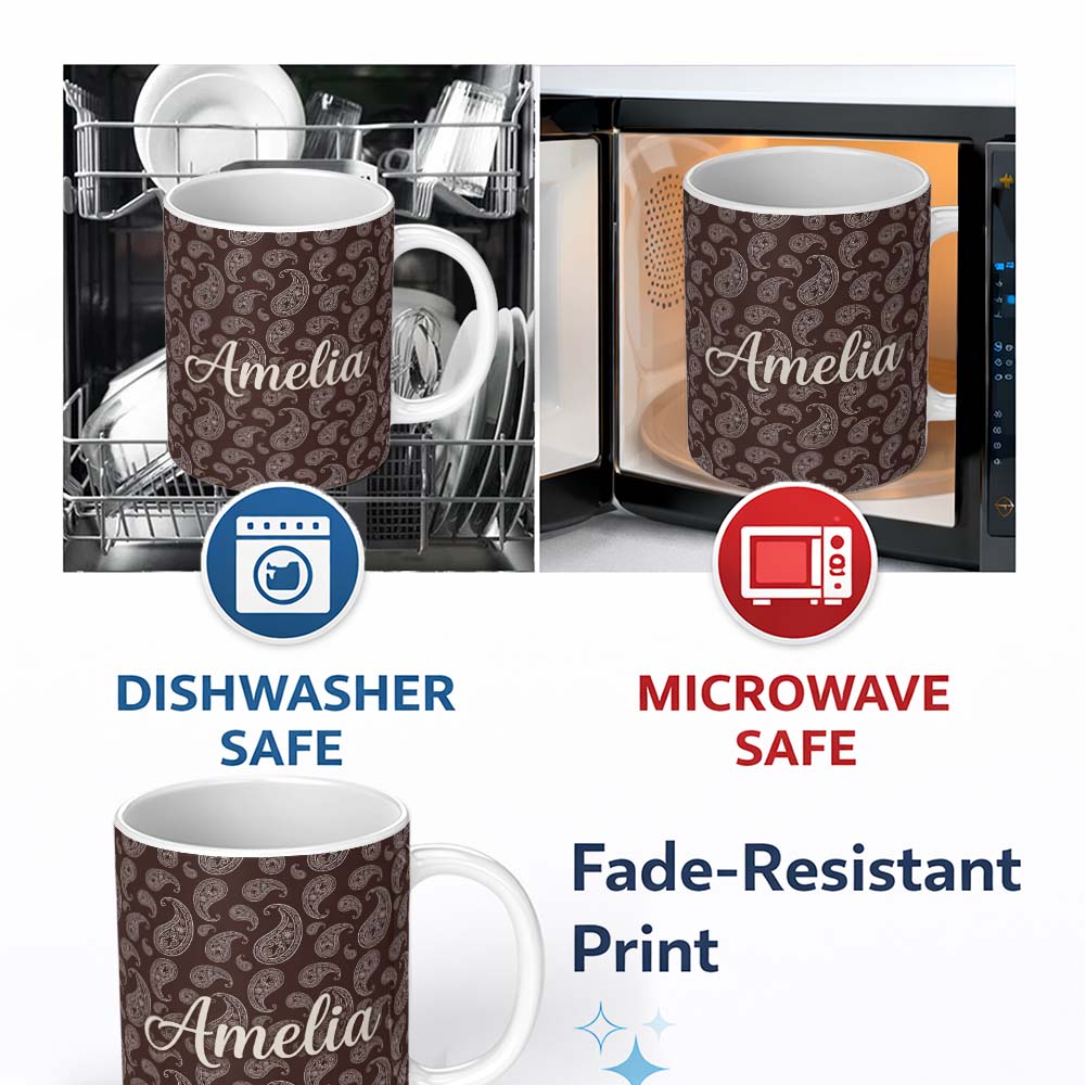 Personalized Custom Name Elegant White Paisley Pattern Deep Chocolate Brown Gradient 11oz Ceramic Coffee Tea Mug White Large Handle