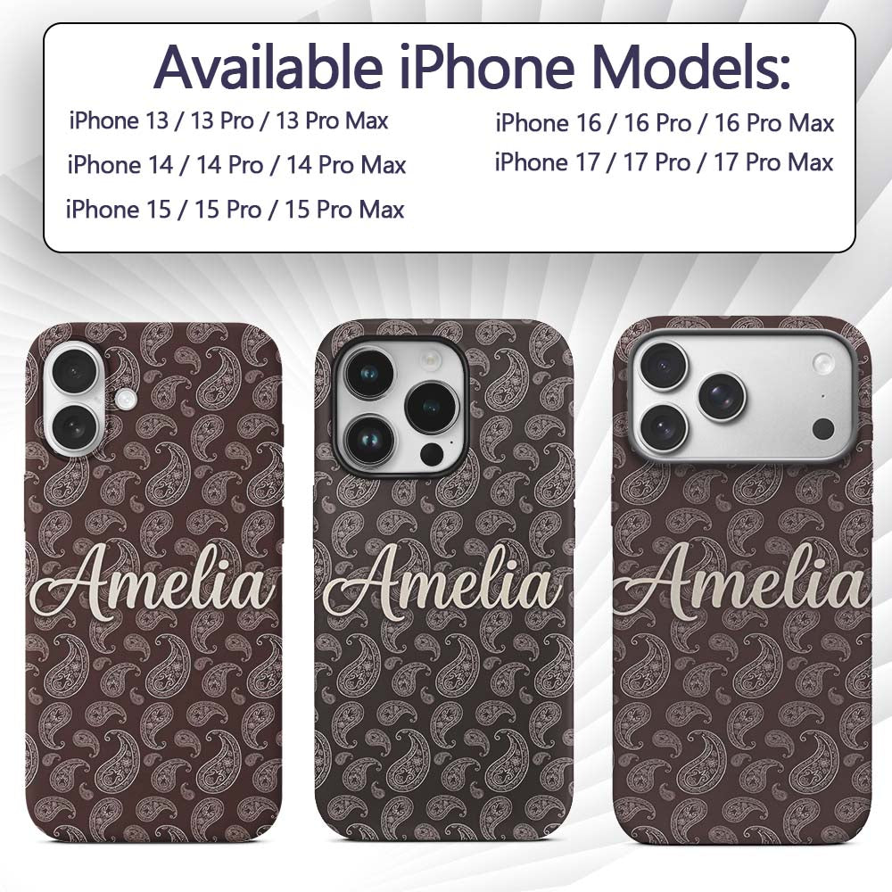 Elegant White Paisley Pattern Deep Chocolate Custom Name Protective Phone Case Mobile Cover Durable Everyday Smartphone Shock Resistant