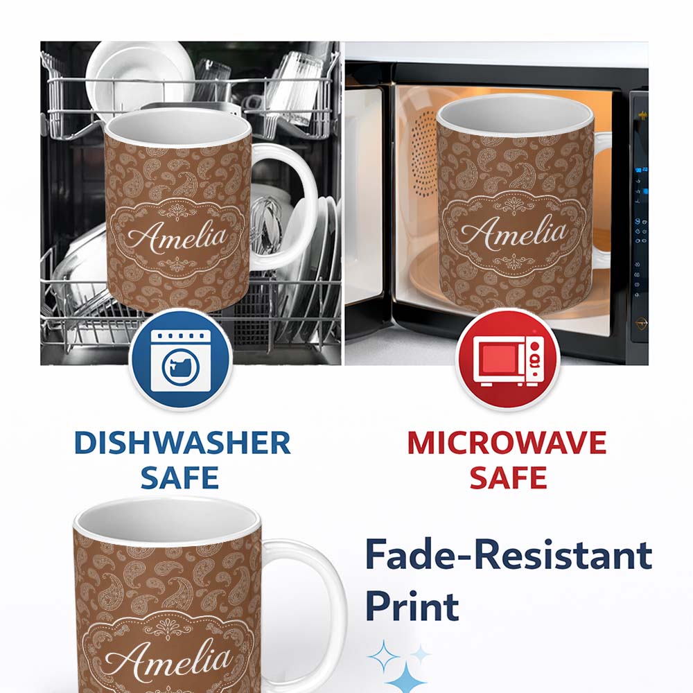 Personalized Custom Name Elegant White Paisley Pattern Warm Caramel Brown Gradient 11oz Ceramic Coffee Tea Mug White Large Handle